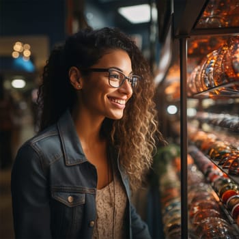 portrait of a young beautiful woman with glasses and lush wavy hair in front of a bright shop window on a blurred background. concept of shopping, discounts and Christmas.