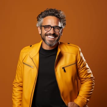 portrait of a young gray-haired cheerful man in a yellow jacket on a color background