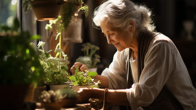 Beautiful smiling grey-haired elderly woman 60-70 years old working on seedlings