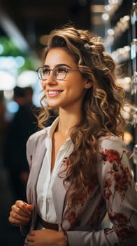 portrait of a young beautiful woman with glasses and lush wavy hair in front of a bright shop window on a blurred background. concept of shopping, discounts and Christmas.