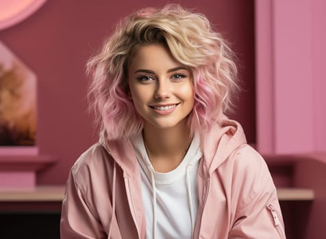 young blonde woman in a pink jacket against the backdrop of a bright cafe interior