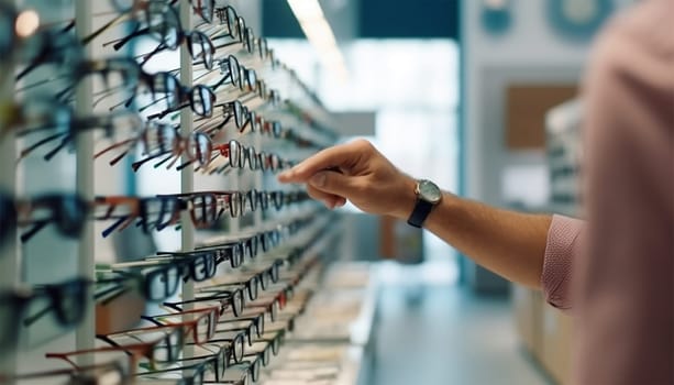 close-up of a hand with a watch taking a glasses frame from a display case in an optical shop.