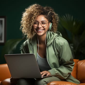 a young woman in glasses and a green jacket with a laptop against the backdrop of a bright cafe interior.