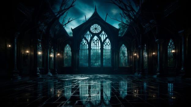 Haunted house in a creepy forest at night. A creepy haunted house with a weathered, vintage look for Halloween and other spooky occasions.AI generated