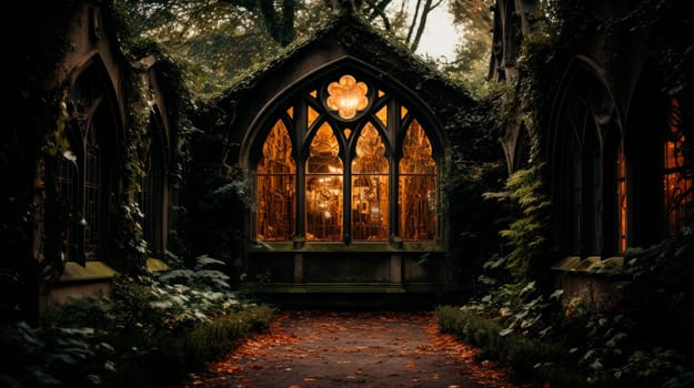 Haunted house in a creepy forest at night. A creepy haunted house with a weathered, vintage look for Halloween and other spooky occasions.AI generated