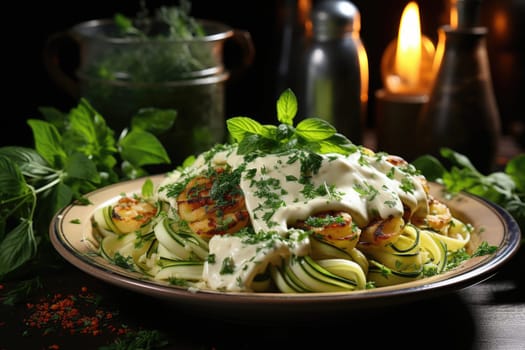 Pasta with zucchini, basil and cream sauce