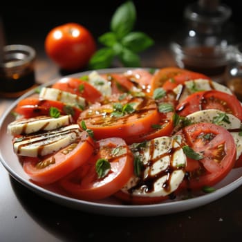 Italian caprese salad with sliced tomatoes, mozzarella cheese, basil, olive oil. Served in vintage metal plate on textile napkin over dark metal background. Top view. Rustic style.