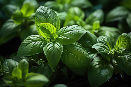 Top-down picture of Genovese basil plants. Basil (Ocimum basilicum), also called sweet basil, is a tender plant, and is used in cuisines worldwide. This cultivar is used for the famous Genoese pesto.