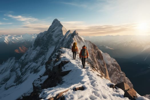 two mountaineers walking on the mountain in the background of the landscape of snowy mountains.