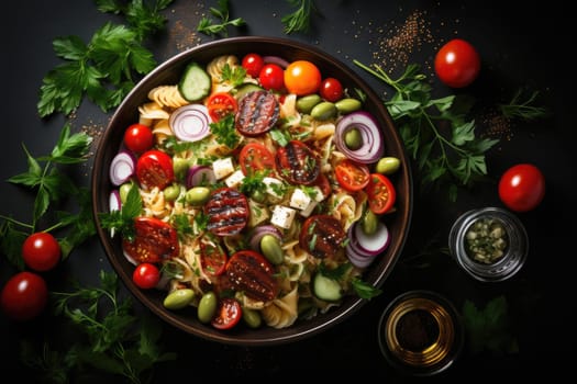 Pasta salad with tomato, black olives, cucumber and feta cheese. healthy food.