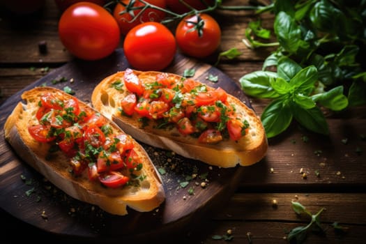 Bruschetta with tomatoes, herbs and oil on toasted garlic cheese bread on a dark wooden table.