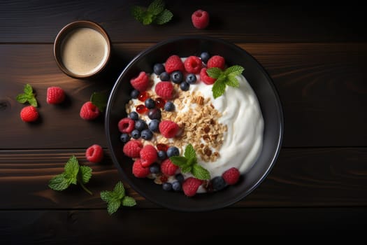 English breakfast, fried egg, tomatoes, bacon and yoghurt. Black background.
