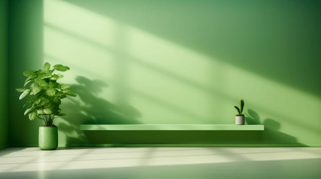 Green wall mock up with potted plants. Empty interior background.AI generated