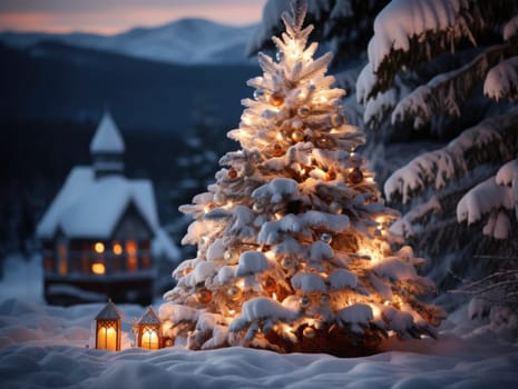 This Snow Covered Christmas Tree stands out brightly against the dark blue tones of this snow covered scene.