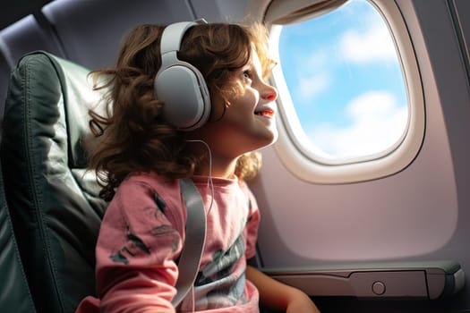 Boy looking aerial view of sky and cloud outside airplane window while sitting on airplane seat.