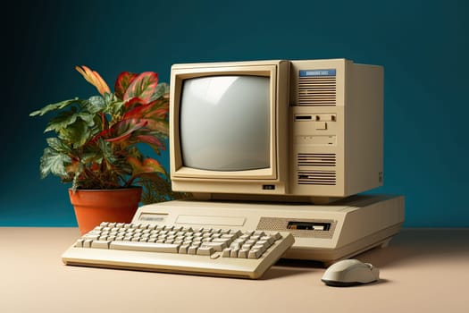 Retro computer and technology with monitor and hardware.