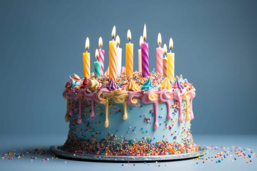 Birthday cake with blue frosting and yellow birthday candles ready for a birthday party, blue background.