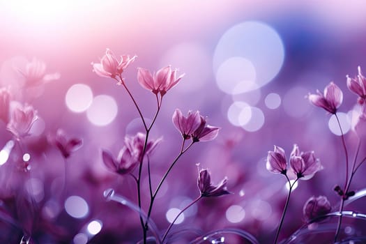 Beautiful Wide Angle soft spring background with lilac flowers. Panoramic pastel floral pink and purple template Web banner. greeting card with Copy Space