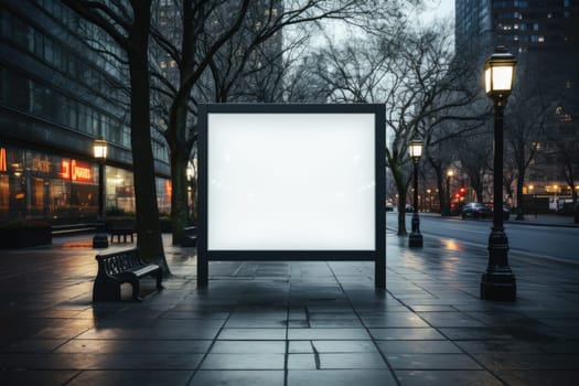 Brightly lit blank billboard stands out from the downtown area around at the early evening hours. Good as copy space for demonstrations etc.
