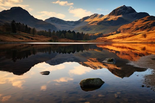 Blea Tarn in the Lake District National Park, with the Langdale Pike's reflected in the perfectly still waters on a stunning morning with a beautiful sunrise.