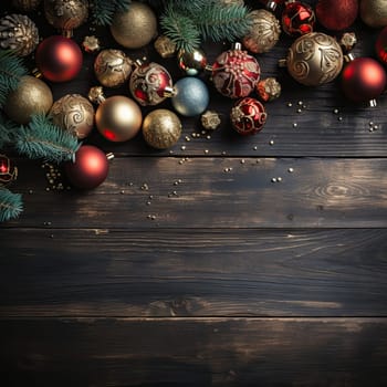 Christmas background with fir tree and decoration on dark wooden board.