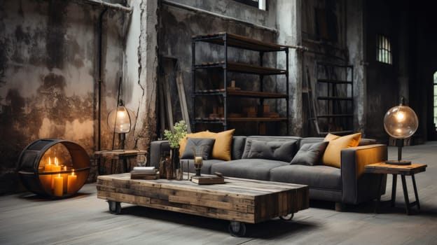 Spacious industrial interior design with high ceillings and dark colors. living room with sofa, fireplace and dining table. Monochromatic color palette Modern loft interior