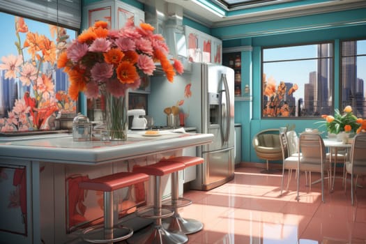 Interior of spacious pop art inspired light kitchen with pop art furniture and pop art portrait in light apartment