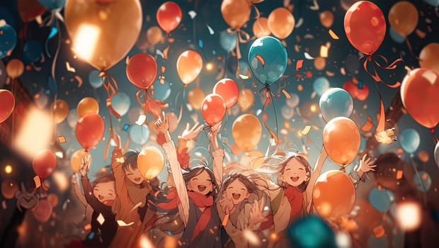 Happy children with bright colorfull balloons celebrates a birthday. colorfull happy light background. Copy space.