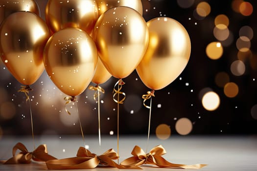 Colorful golden balloon in dark room. Balloons in room decorated for birthday party. On a golden bokeh background.