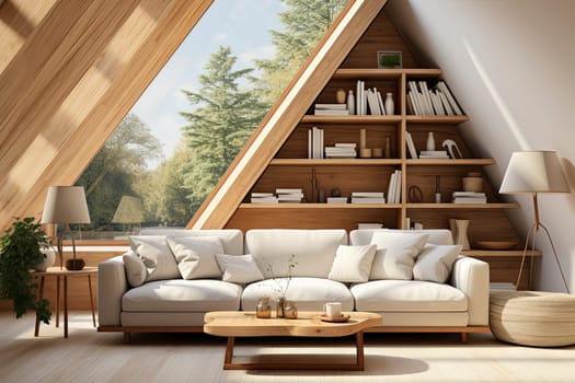 Modern scandinavian interior of living room with design light sofa, armchair, a lot of plants, coffee table, carpet and personal accessories in cozy home decor.