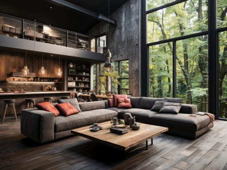 Brutalist concrete loft is a celebration of the beauty of raw materials and natural light. Both the floor and ceiling are aged wood plank.