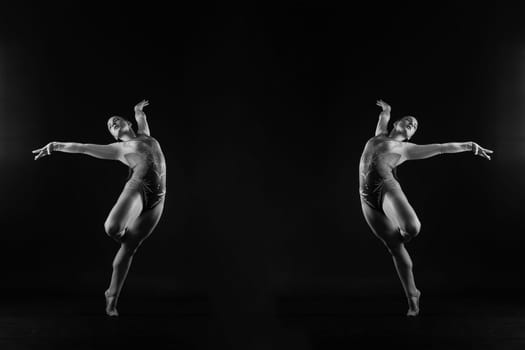Dancing flying girl, jumping in a studio shooting, sport and dance