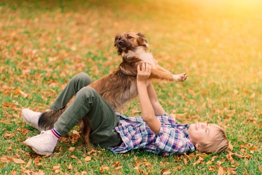Boy hugging a dog and plyaing with in the fall, city park