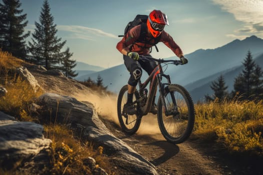 Cyclist Riding the Bike Down the Rock at Sunrise in the Beautiful Mountains on the Background. Extreme Sport and Enduro Biking Concept.