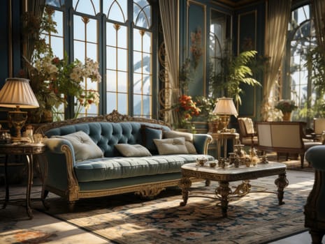 Classic chic romantic living room in 19th century luxurious mansion in Paris. Beautiful living room in a luxury house with cast iron windows
