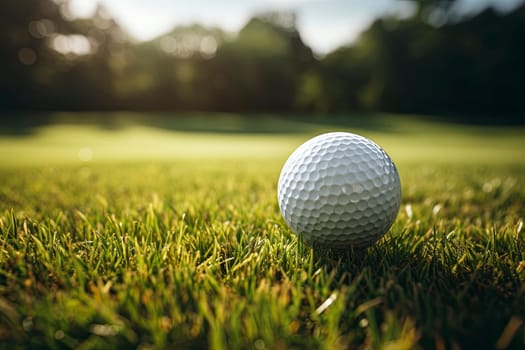 Close up photo of a golf ball on the green grass.