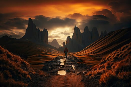 Man backpacker hiking in mountains alone outdoor active lifestyle travel adventure vacations sunset landscape.