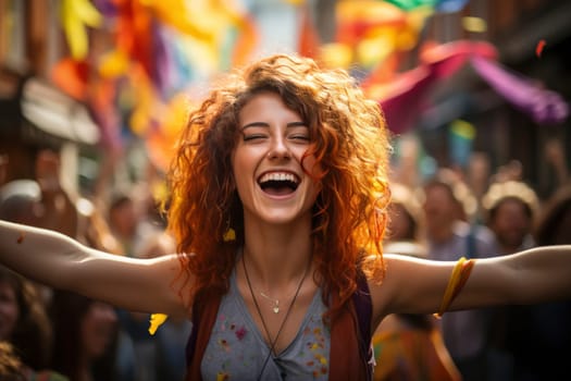 A young happy woman during a pride parade with waving rainbow flags in the background. a symbol of homosexuality.