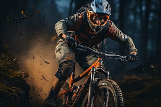 Professional Cyclist Riding the Downhill Mountain Bike on the Summer Rocky Trail at the Evening. Extreme Sport and Enduro Cycling Concept.