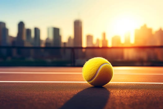 Tennis ball under late evening sunlight in a public tenniscourt in a big city.