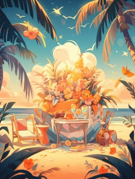 Bright colorful party card of a tropical joyfull celebration setting with drinks and snacks. A central copy space for your greeting , invitation or advertising.