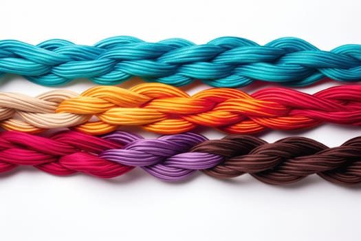 Group of vivid flat leather cords braided together isolated on white background. Abstract integration concept.