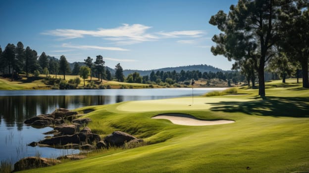 Golfcourse, Beautiful landscape of a golf court with trees and green grass.