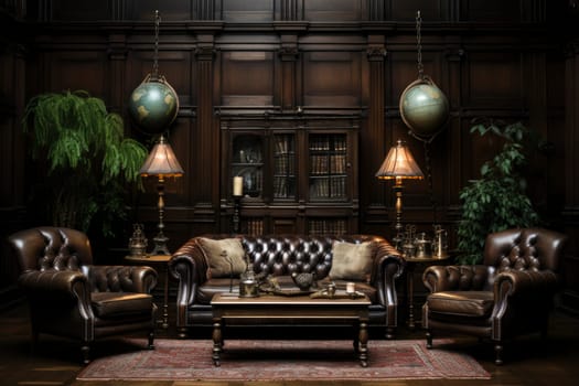 Elegant country living room with classic paneling. Furnished with 2 classic table lamps, comfortable leather chairs, sofa and a beautiful Persian carpet on the floor. Classic english society club interior.