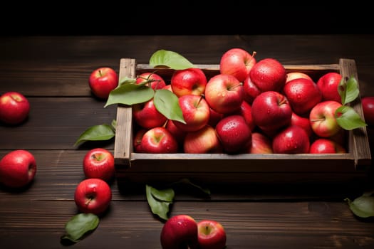fresh red apples with leaves in a wooden box, top view.