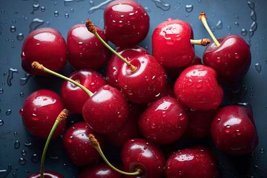 Sweet red cherries washed on a wooden background in a colander with green twigs