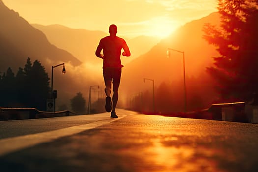 Silhouette of a jogger running along a road with the sun in his face