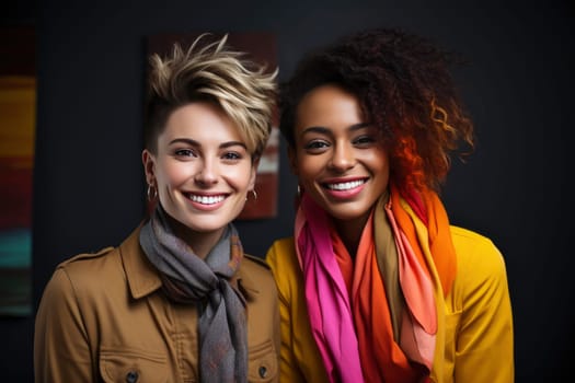 Lesbian young women. Happy marketing, love and fun together against studio background. Lgbtq community, gen z and freedom with style and lgbt people with pride