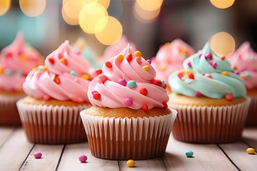 Colorful cupcakes on a wooden background.