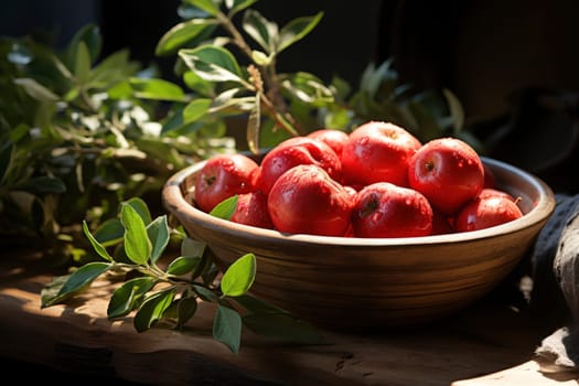 fresh red apples with leaves in a wooden box.